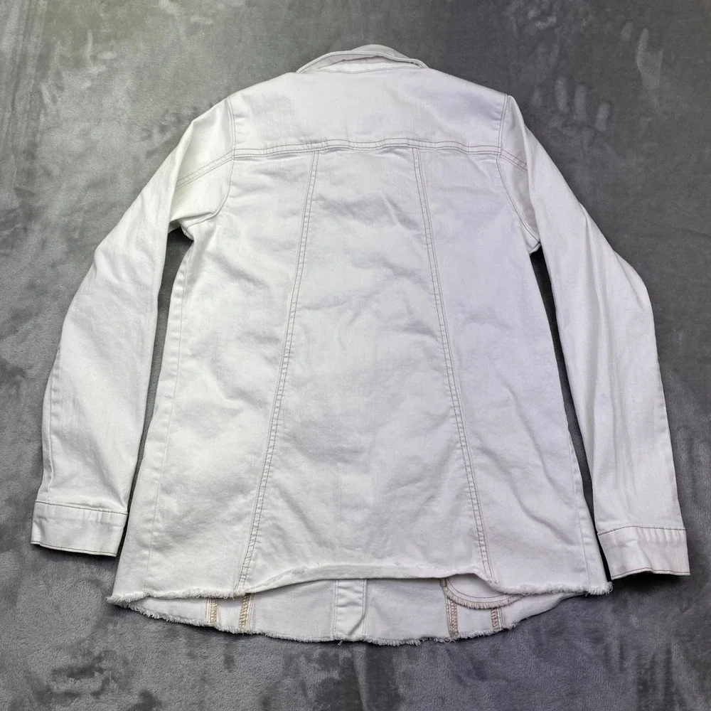 LOGO Lori Goldstein Denim Jacket Womens 2 White Button Front Frayed Hem‎ Grunge